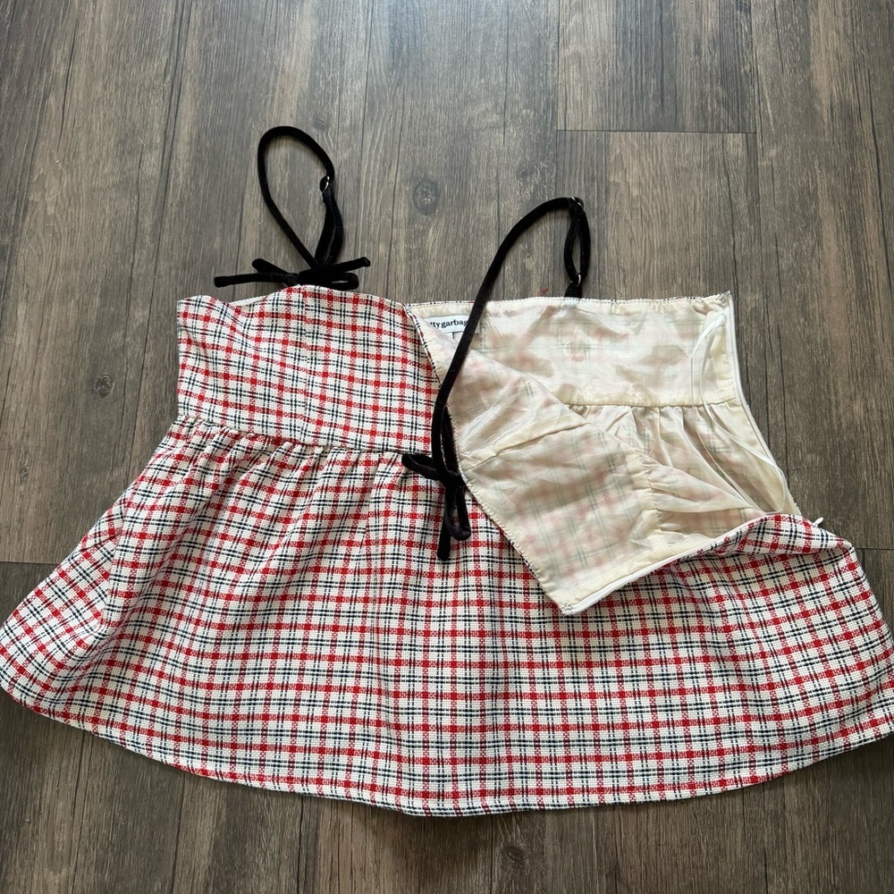 Pretty Garbage Peplum Red Plaid Sleeveless Top Black Straps Lined Side Zipper M - Picture 11 of 13